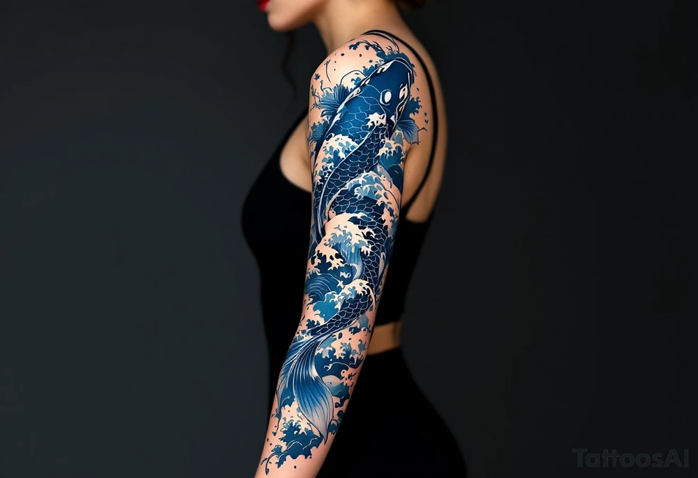 Dark Blue Koi with Wave Sleeve – A powerful dark blue koi swimming through stylized Hokusai-style wave patterns, perfect for a full-arm tattoo. tattoo idea