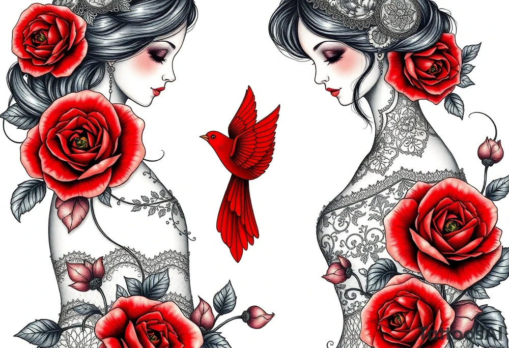 Vintage dollies, red roses, lace, red bird tattoo idea
