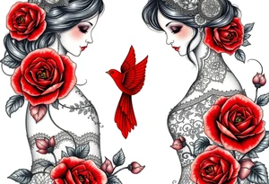 Vintage dollies, red roses, lace, red bird tattoo idea