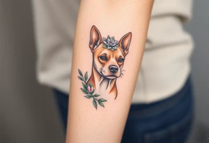 tan staffie with succulents and flowers surrounding her head tattoo idea