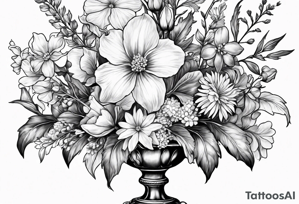 Bouquet with larkspur with stem, carnation with stem, violet, with stem, daisy with stem tattoo idea