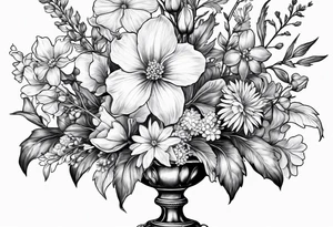 Bouquet with larkspur with stem, carnation with stem, violet, with stem, daisy with stem tattoo idea