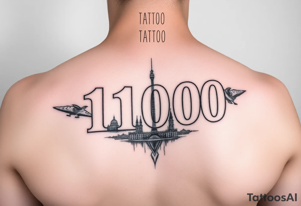 vertical tattoo with text 11000 and motives of Belgrade, Serbia, realism tattoo idea