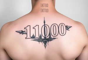 vertical tattoo with text 11000 and motives of Belgrade, Serbia, realism tattoo idea