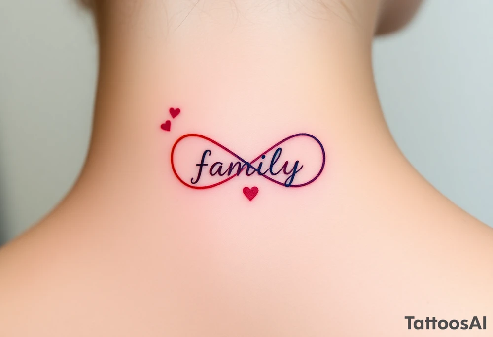 Rainbow Color infinity symbol and the word "family" engraved inside with hearts and kisses tattoo idea