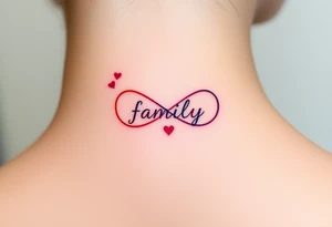 Rainbow Color infinity symbol and the word "family" engraved inside with hearts and kisses tattoo idea