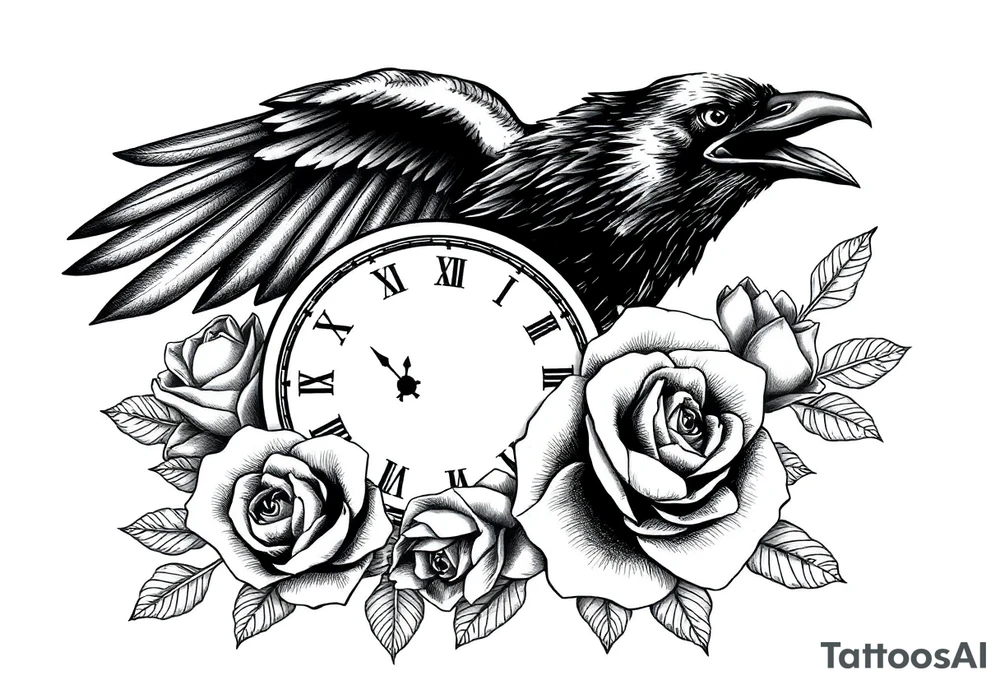 raven,roses,clock. tattoo idea