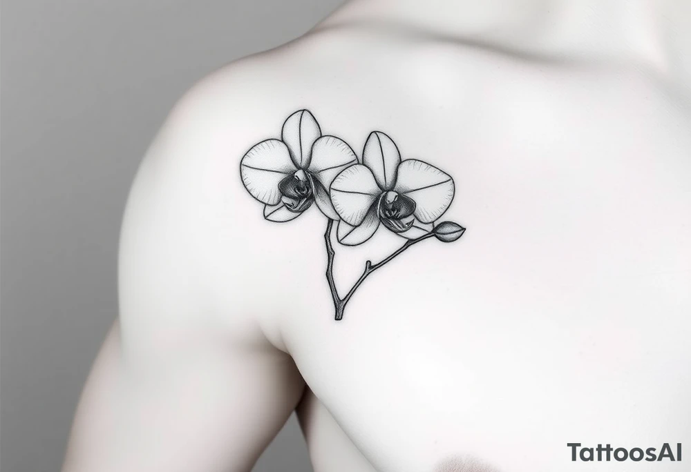 A delicate, black and white fine-line tattoo for make, featuring a gracefully detailed orchid stem with two flowers in full bloom, with soft, intricate petals and elegant curves tattoo idea