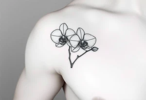 A delicate, black and white fine-line tattoo for make, featuring a gracefully detailed orchid stem with two flowers in full bloom, with soft, intricate petals and elegant curves tattoo idea