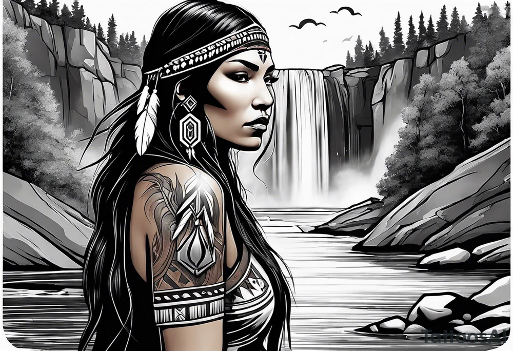 A native American Indian woman by a waterfall she is Aquarius water barrer she has tattoos and her eyes can see right through you tattoo idea