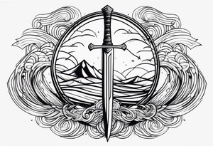 Geometric, simple, sword, lightning bolt and waves tattoo idea