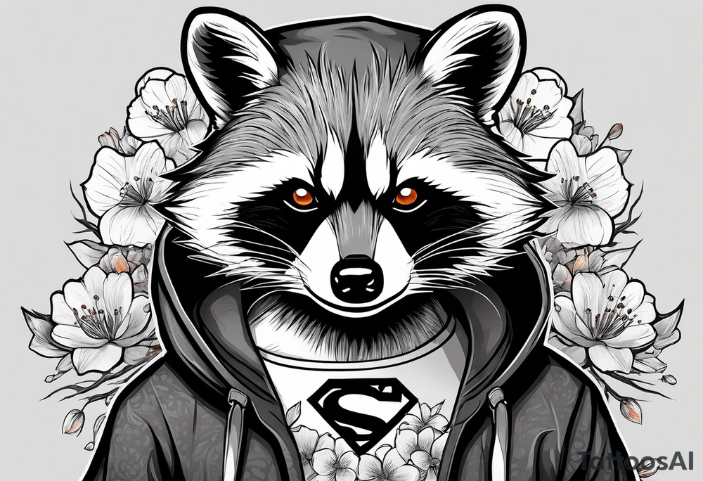Raccoon wearing a white Superman logo on a black hoodie and orange Japanese cherry blossoms beside tattoo idea