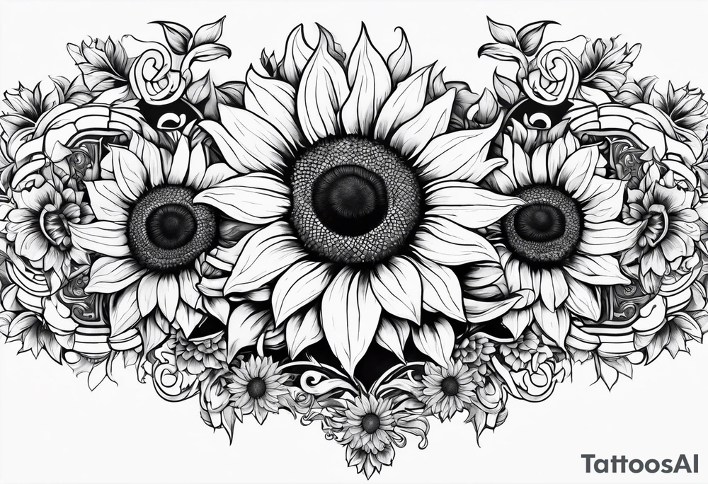 NAJE in edwardian script surrounded by symmetrical sunflowers tattoo idea
