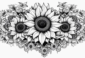 NAJE in edwardian script surrounded by symmetrical sunflowers tattoo idea