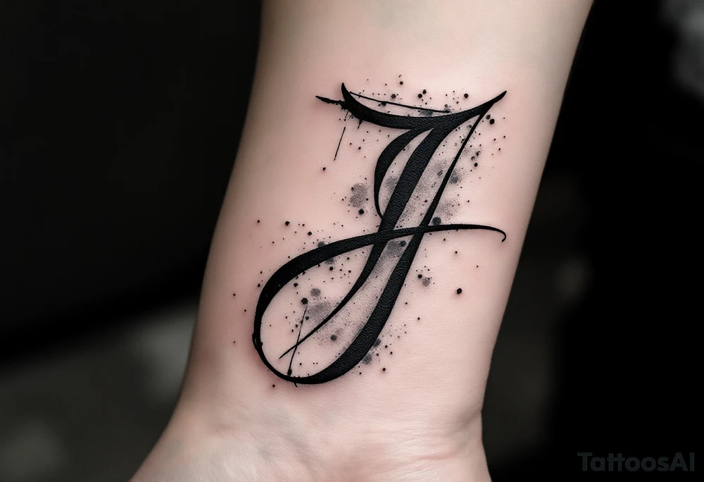 Handwritten "J" in charcoal black with soft gray shading and ink splatter. tattoo idea