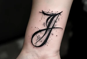 Handwritten "J" in charcoal black with soft gray shading and ink splatter. tattoo idea