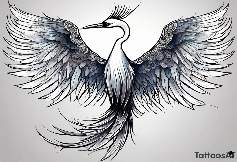 phoenix 
chinese 
egret
long tail 
elegant 
wings down
long neck
long feathers tattoo idea