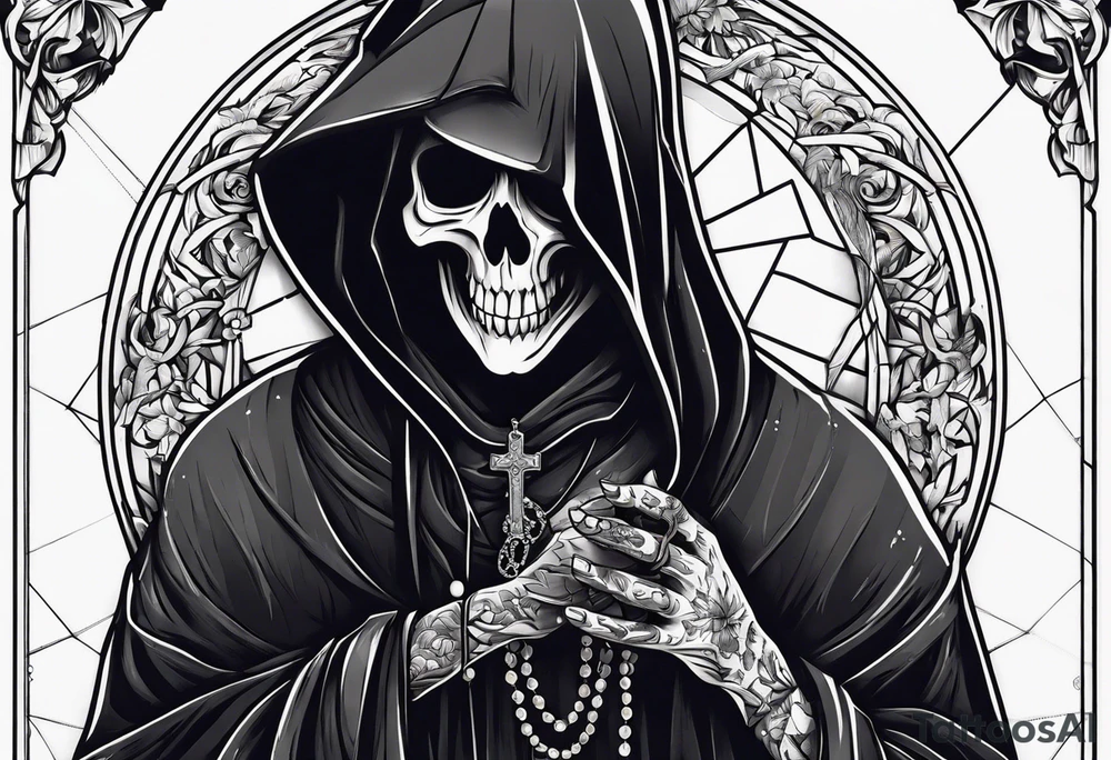 Grim reaper holding rosary with creepy design sleeve tattoo idea