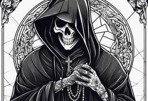 Grim reaper holding rosary with creepy design sleeve tattoo idea