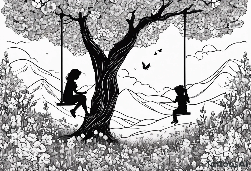 Mom with son and daughter on a swing in the distance in a field of flowers tattoo idea