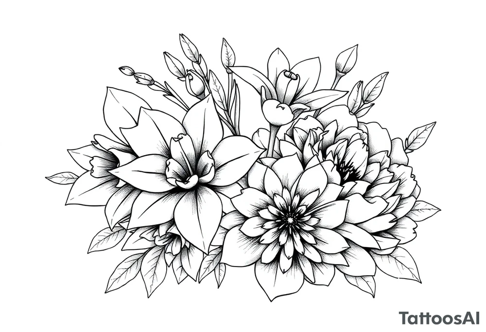 daffodils, jonquils, chrysanthemum and peony in a bouquet for a small tattoo tattoo idea