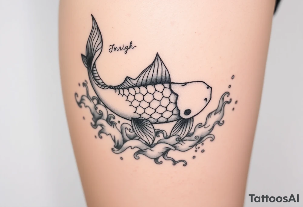 traditional koi fish swimming upstream through turbulent waves tattoo idea