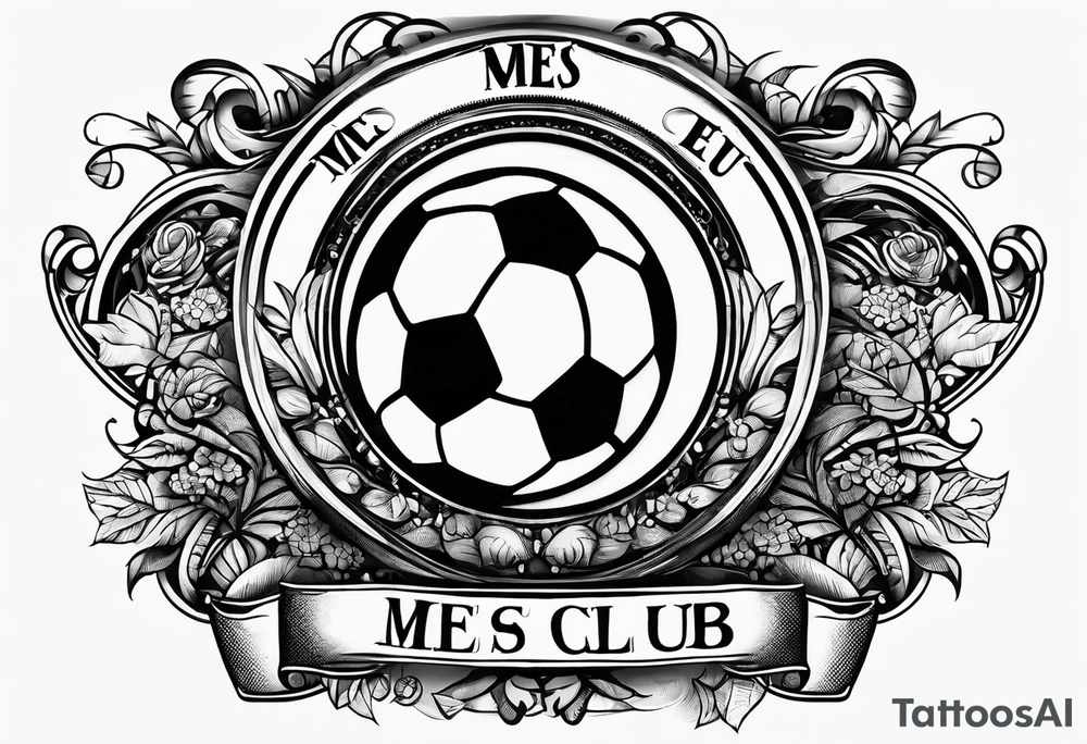 MÉS QUE UN CLUB text with soccer ball and a cross tattoo idea