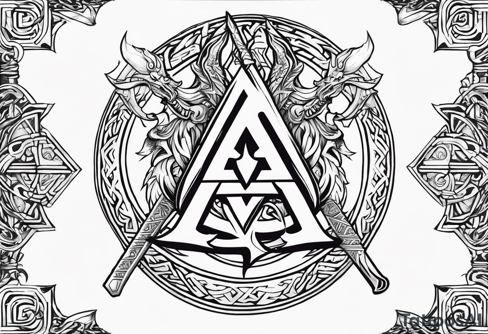 Valhalla sword shield dragon axe Valknut fire tattoo idea