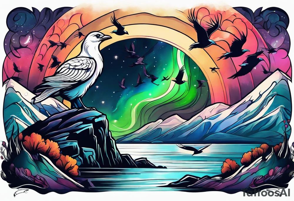 Northern lights with Pennywise and birds tattoo idea
