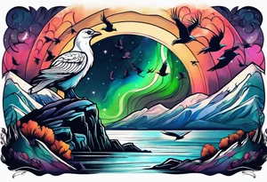 Northern lights with Pennywise and birds tattoo idea