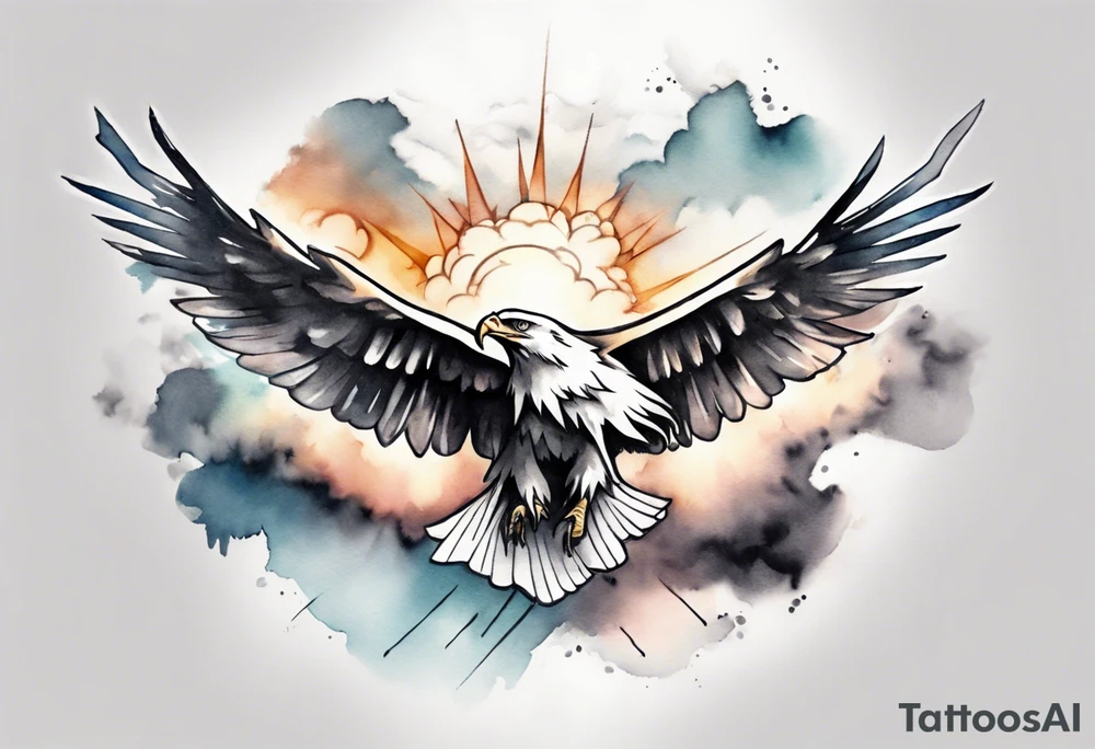 a shoulder tattoo with lots of rays of light in gradient starting from the middle
, clouds and eagles flying free tattoo idea