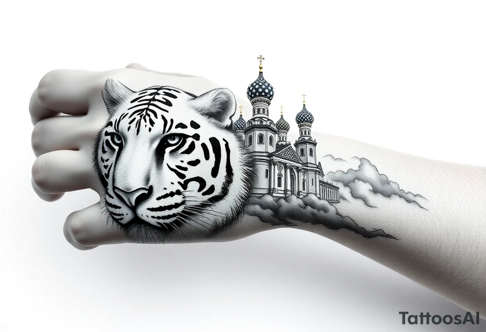 Realistic white tiger face on the back of the hand with strong contrast and fine detail with its eyes completely black. with a highly detailed Russian Orthodox cathedral sitting above on fore arm with onion domes and orthodox crosses, done in fine line, engraving-like style. Cohesive composition, black ink only, no color, high contrast, slightly aged, documentary-style, plain light background. with clouds above and a virgin mary 
spanning from my hand to lower fore arm tattoo idea