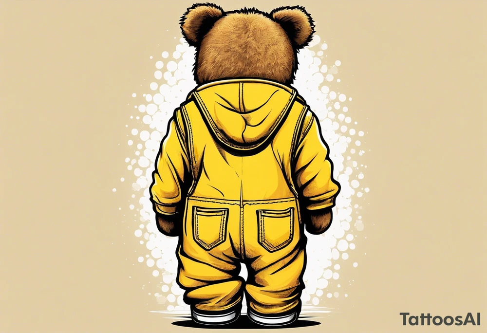 image of the back of a light brown teddy bear standing in yellow overalls, striped tank top and wearing boots tattoo idea