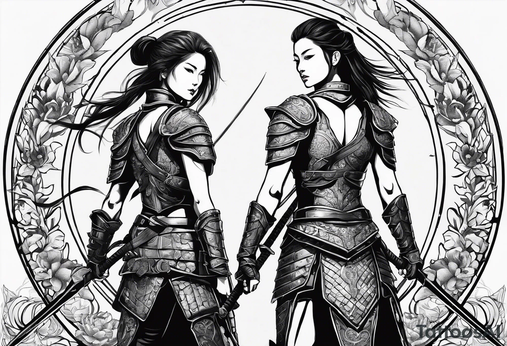 3 female warriors in full body armor wielding dual swords, you can only see their backs, in front of a incomplete enso circle tattoo idea