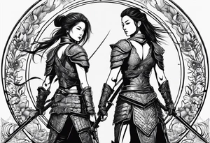 3 female warriors in full body armor wielding dual swords, you can only see their backs, in front of a incomplete enso circle tattoo idea