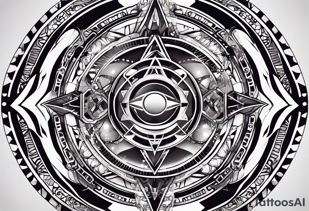 A tattoo design featuring geometric patterns and symbols inspired by psytrance and techno music, creating a unique and futuristic look. tattoo idea