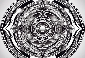 A tattoo design featuring geometric patterns and symbols inspired by psytrance and techno music, creating a unique and futuristic look. tattoo idea