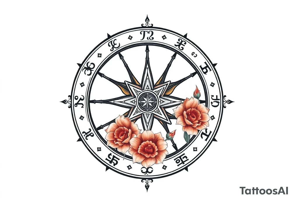 zodiac symbols the elements and Norse runes within ornate compass with roses lilly sunflowers tattoo idea