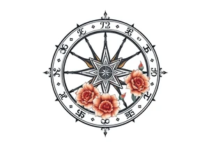 zodiac symbols the elements and Norse runes within ornate compass with roses lilly sunflowers tattoo idea
