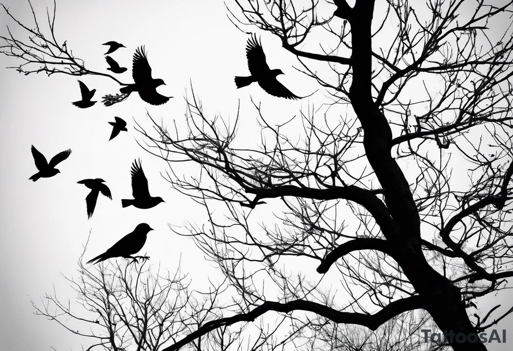 Leafless tree with a mix of birds and black birds flying by it. Make it skinnier with no leaves and just branches tattoo idea