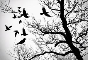 Leafless tree with a mix of birds and black birds flying by it. Make it skinnier with no leaves and just branches tattoo idea