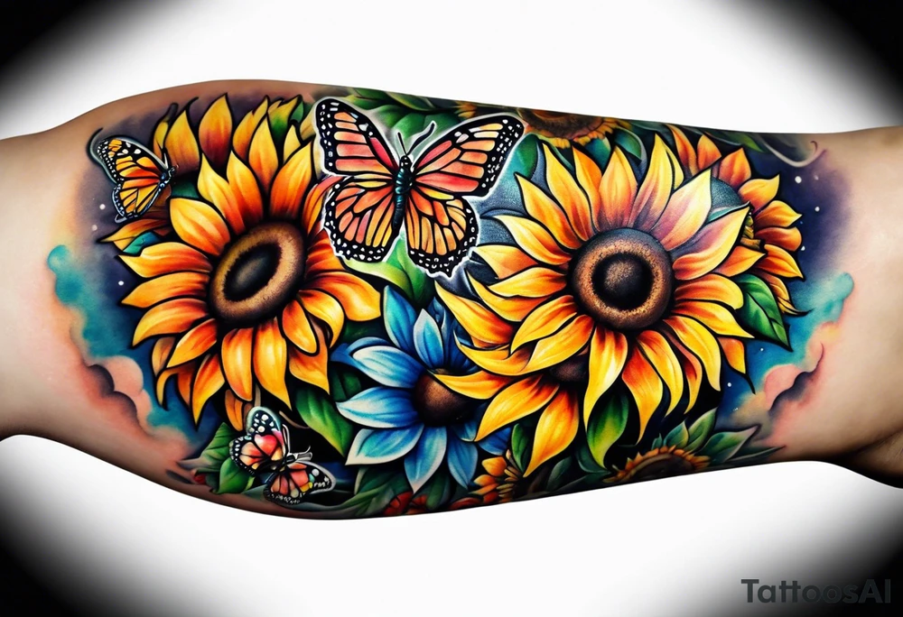 Memorial arm sleeve for mom with rainbow sunflowers and butterflies tattoo idea