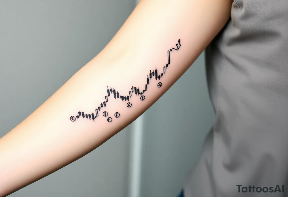 Create a unique tattoo design for a Forex trader. Include symbols of trading like a bullish candlestick chart, currency symbols (e.g., EUR, USD, GBP, JPY), and creative elements representing financial growth and strategy. The style should be minimalist black linework, modern and elegant, suitable for an arm or forearm tattoo.” tattoo idea
