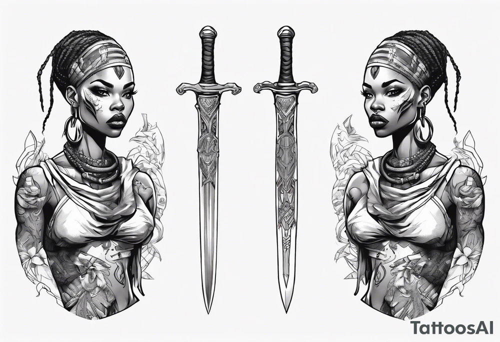 African female full body valkyre slim face presenting sword tattoo idea