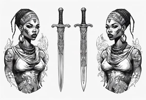 African female full body valkyre slim face presenting sword tattoo idea