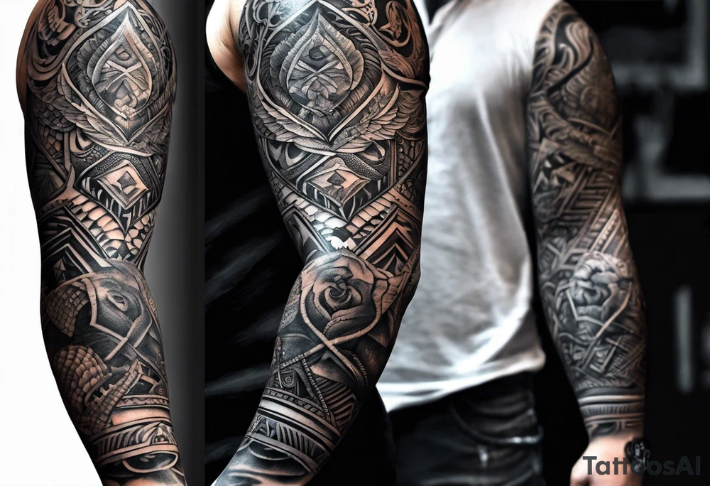 I'd like a full arm sleeve for a man. Mixture of realistic and tribal. I want to reflect strength, love and freedom. Do not include human faces. tattoo idea