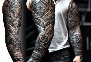 I'd like a full arm sleeve for a man. Mixture of realistic and tribal. I want to reflect strength, love and freedom. Do not include human faces. tattoo idea