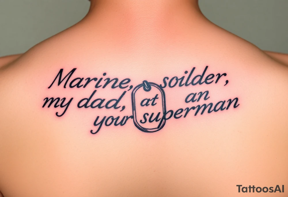 in pencil led draw "Marine soilder, my dad, my superman" inside military dogtags tattoo idea