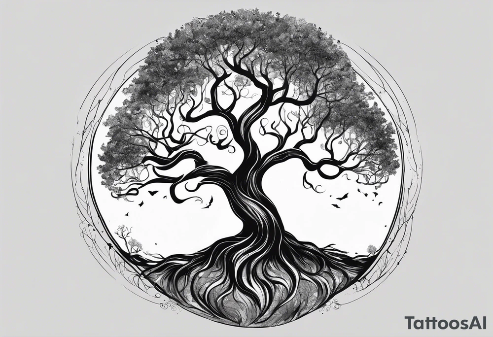 circle of life tree
the roots of the tree wrapped around a planet
the planet is below the tree
the roots of the tree are wrapped around the planet tattoo idea