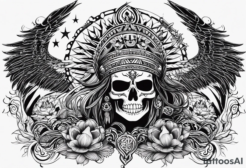 black kali, goddess pirate, alien, pachamama, valkrye, warrior, skull, lotus azul, wing, eagle, zenza resonance, stars, 5D tattoo idea